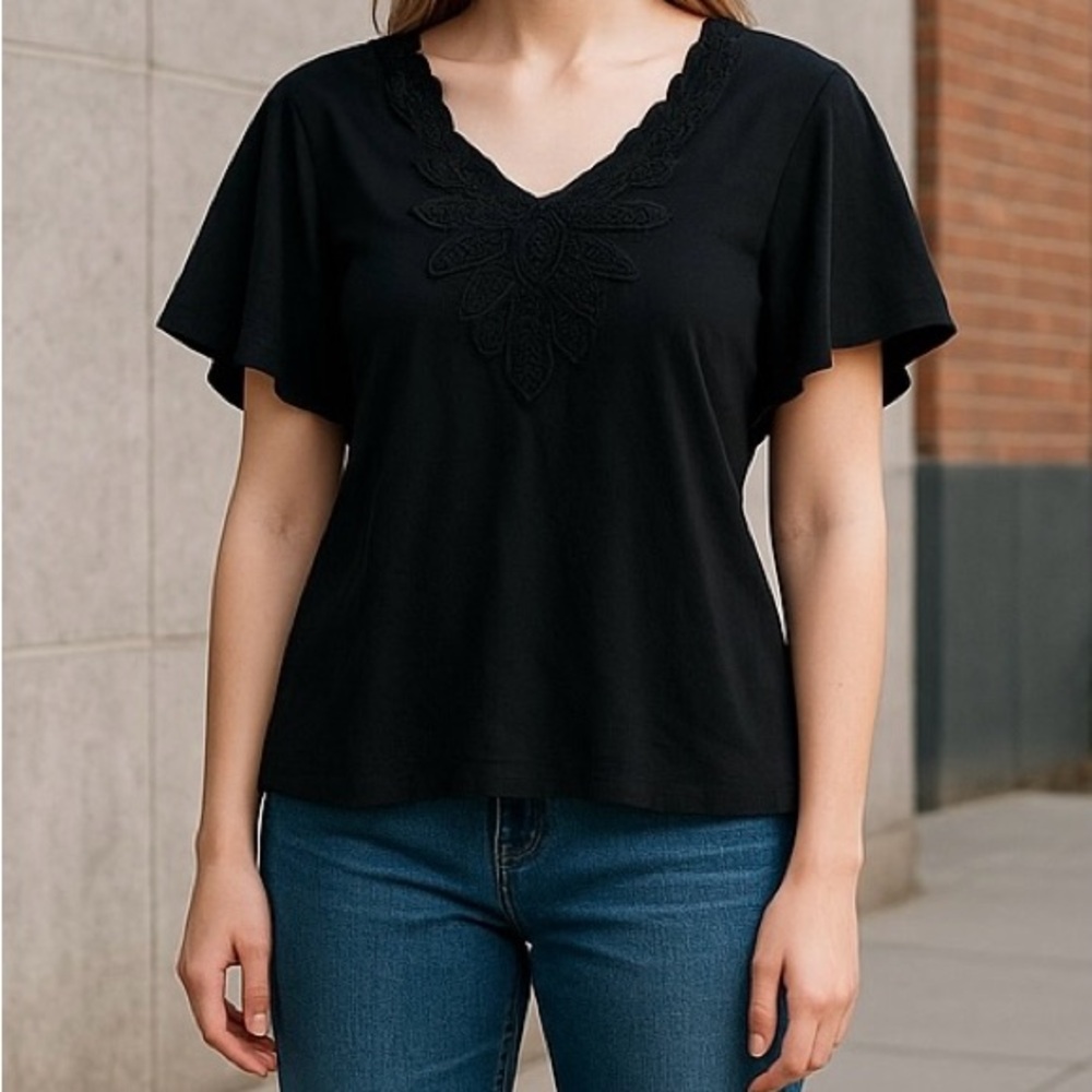 Madison Top Short Sleeve Black V Neckline Embroidered